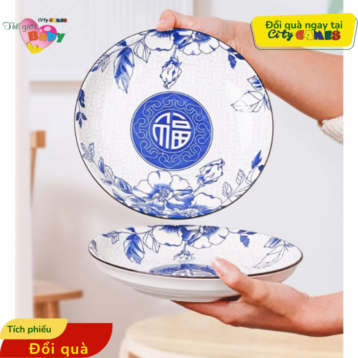 BỘ BÁT ĐĨA SỨ HOA VĂN PHÚC LỘC THỌ